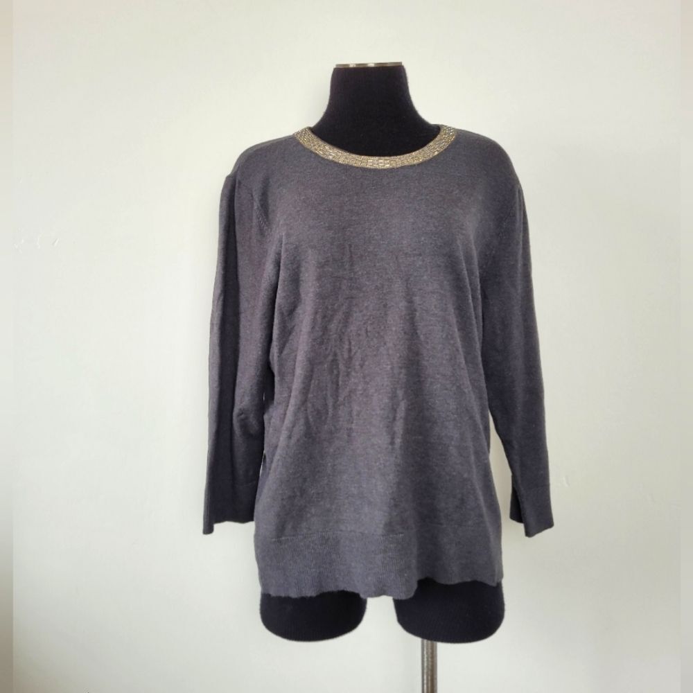Classy Gray Sweater Gemstone Collar Soft Tight Knit Formal Cozy Lounge Large